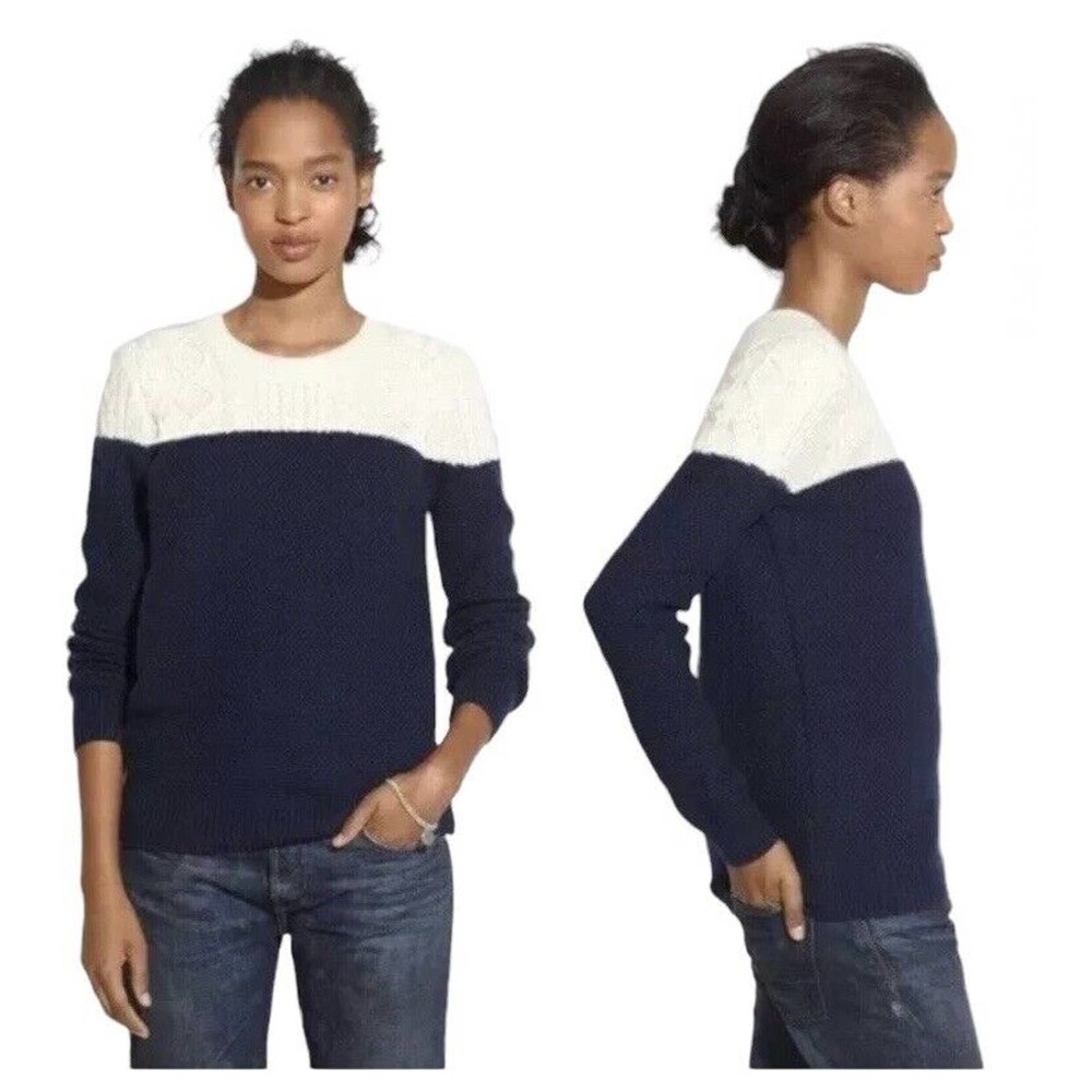 madewell color block crew neck cable knit sweater small
